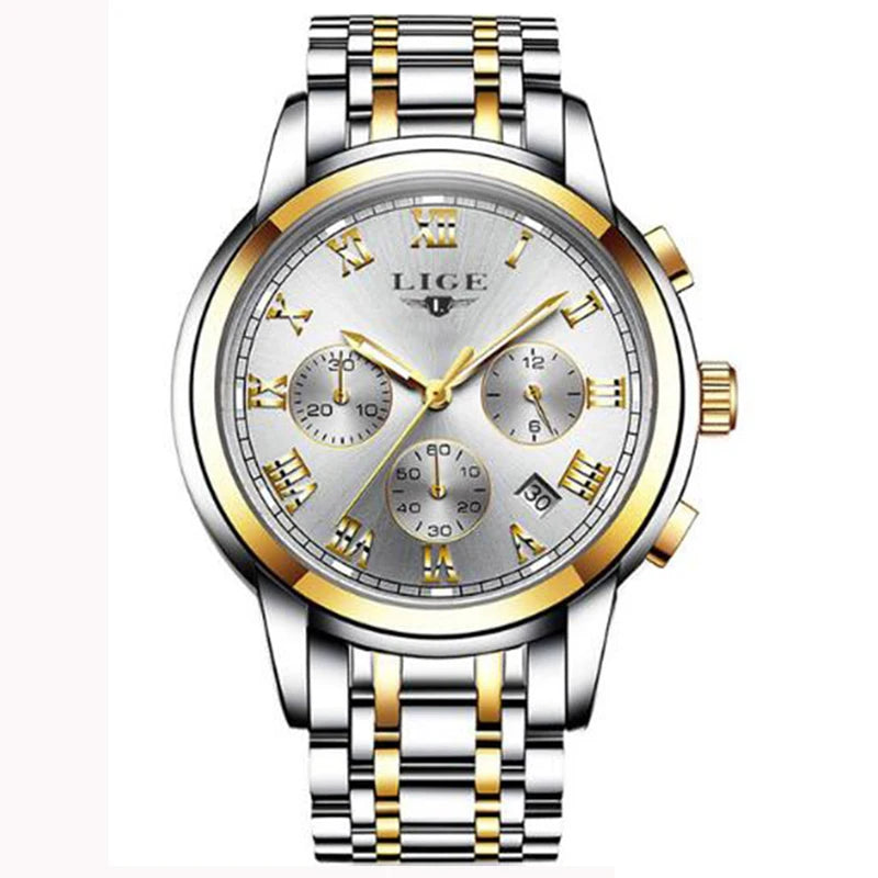 Relógio para homem LIGE – Cronógrafo de luxo, estilo desportivo descontraído, estanque, totalmente em aço, movimento de quartzo