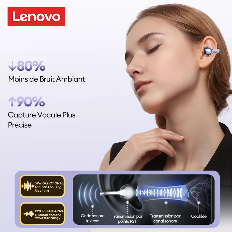Auscultadores Bluetooth sem fios Lenovo LE302 6.0 com longa autonomia, auriculares desportivos com clip de orelha, som estéreo HIFI e cancelamento de ruído