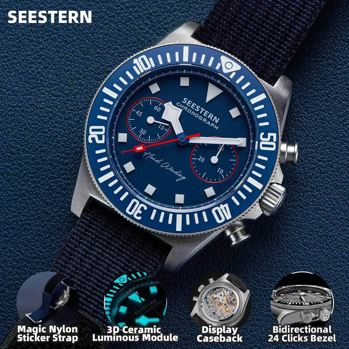 SEESTERN cronógrafo para hombre, reloj mecánico con movimiento Tianjin ST1901, cristal de zafiro, correa de nailon con velcro, esqueleto luminoso