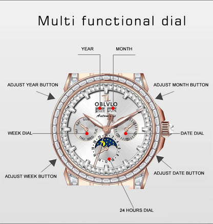 OBLVLO Men's Automatic Watch 40mm Mechanical Wristwatch 5ATM Luminous Crystal Bezel Year, Month, Week, Date, 24 Hours TY1655 Movement