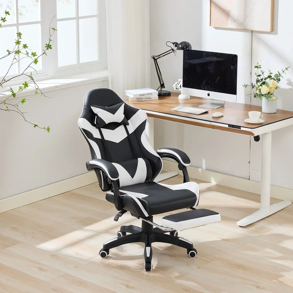 360 ° - Swivel Ergonomic Racing Design Gaming Chair Leather High Back Office Chair Height Adjustable Task Chair, Black&White