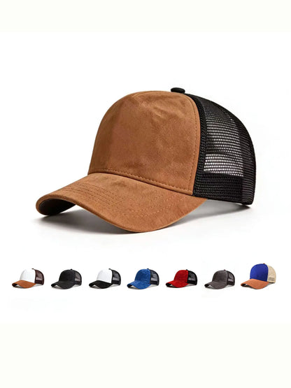 Vasaros tinklinė beisbolo kepurė moterims ir vyrams, vienspalvė suede kepurė su emblema, „snapback“ stiliaus kepurė, kasdienė, kvėpuojanti, unisex, gatvės stiliaus, hip-hopo ir „trucker“ stiliaus kepurės