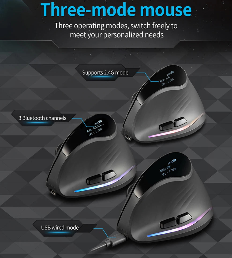 Rato vertical sem fios recarregável com ecrã — rato ergonómico gaming programável de 6 botões para jogador em desktop
