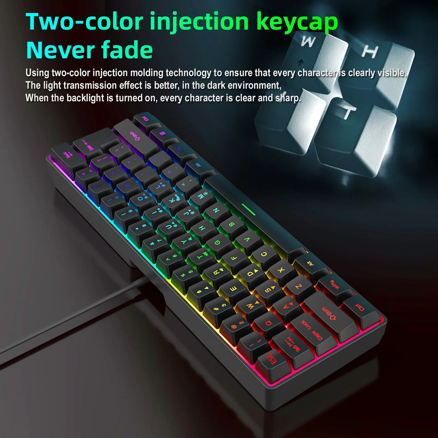 Russian Keyboard English RGB Lighting 61 Keys 60% Layout Gaming Keyboard ISO USB Wired Full Key No Impact K401 For Game Office