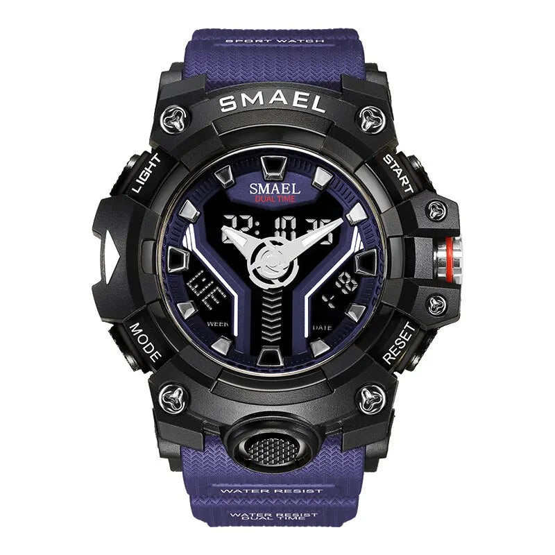 SMAEL 8075 Men's Analog Digital Dual Display Sport Watch - 50M Waterproof LED Backlight Dual Time Alarm Chronograph Stopwatch
