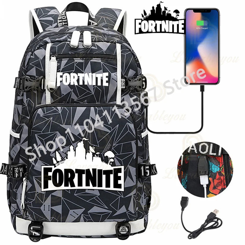 Red Jade F-Fortnited Battle Royale Backpack with USB Charging Anime Figures Study Stationery Compartment for Students Mochila