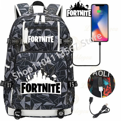 Red Jade F-Fortnited Battle Royale Backpack with USB Charging Anime Figures Study Stationery Compartment for Students Mochila