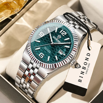 BINBOND luxury quartz wristwatch, luminous, water-resistant, automatic date, for men, stainless steel, business, sport, fashion and casual styles.
