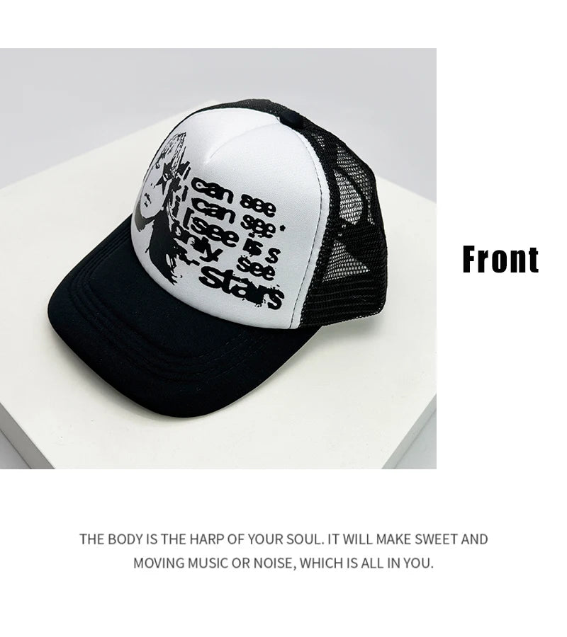 Kšiltovky ve stylu amerických kšiltovek s potiskem Cruise Anime New Letter Mesh Trucker – sluneční, prodyšné baseballové kšiltovky pro muže i ženy, univerzální módní kousek