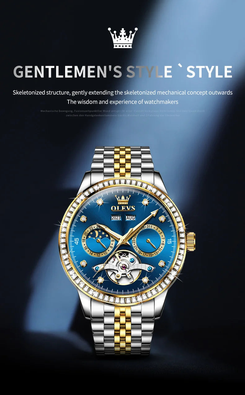 OLEVS 7016 Automatic Man Watch Stainless Steel Diamond Bezel Skeleton Flywheel Moon Phase Luminous Waterproof Mechanical Watches