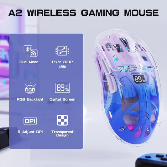 A2 transparent trådlös gamingmus, BT 5.0/2.4G uppladdningsbar RGB-mus för PC med digital skärm, PixArt 3212, 5 justerbara DPI-lägen