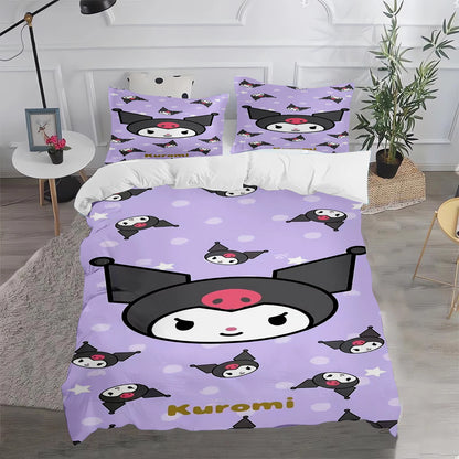 Ensemble de literie Kuromi : housse de couette et taie d'oreiller mignonnes, pour chambre d'enfant (garçon ou fille), décoration de chambre, cadeau pour enfants, taille simple, double ou grande