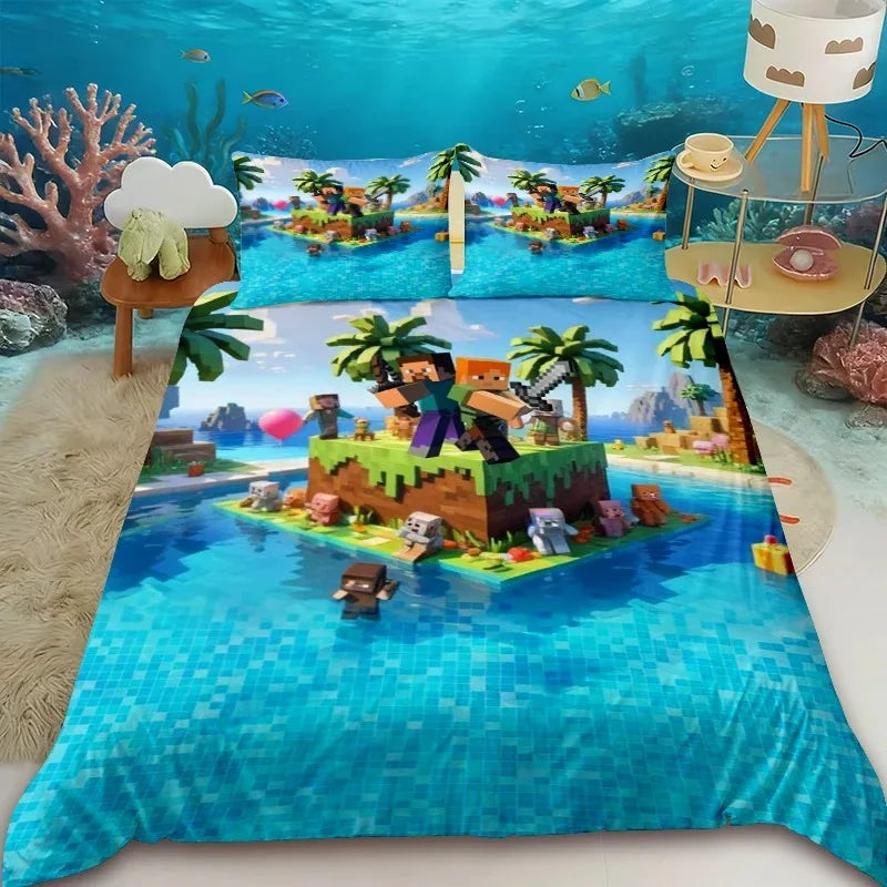 Cartoon Children Duvet Cover Minecraft Cartoon Quilt Cover Bedding Set Queen King Full Size with 1/2 Pillowcase Bedroom