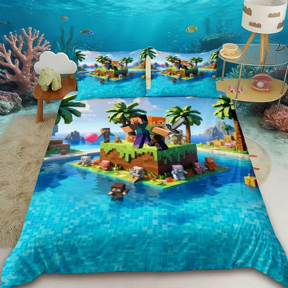 Cartoon Children Duvet Cover Minecraft Cartoon Quilt Cover Bedding Set Queen King Full Size with 1/2 Pillowcase Bedroom