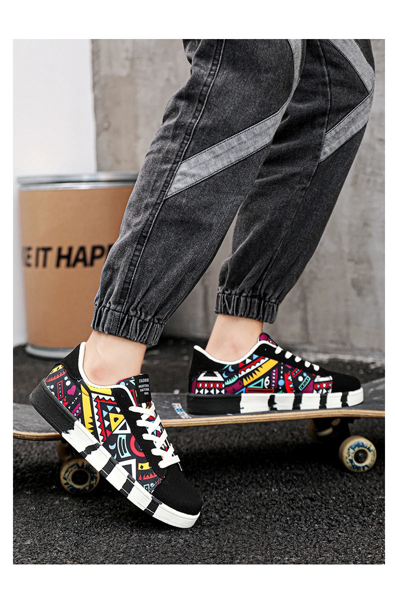 YRZL Scarpe sportive da running da uomo in tela con stile geometrico, sneakers stringate, scarpe da skate da uomo alla moda per coppie con stampa graffiti