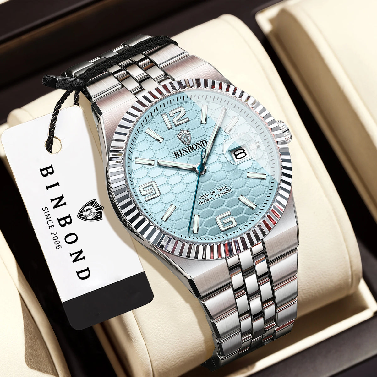 BINBOND luxury quartz wristwatch, luminous, water-resistant, automatic date, for men, stainless steel, business, sport, fashion and casual styles.