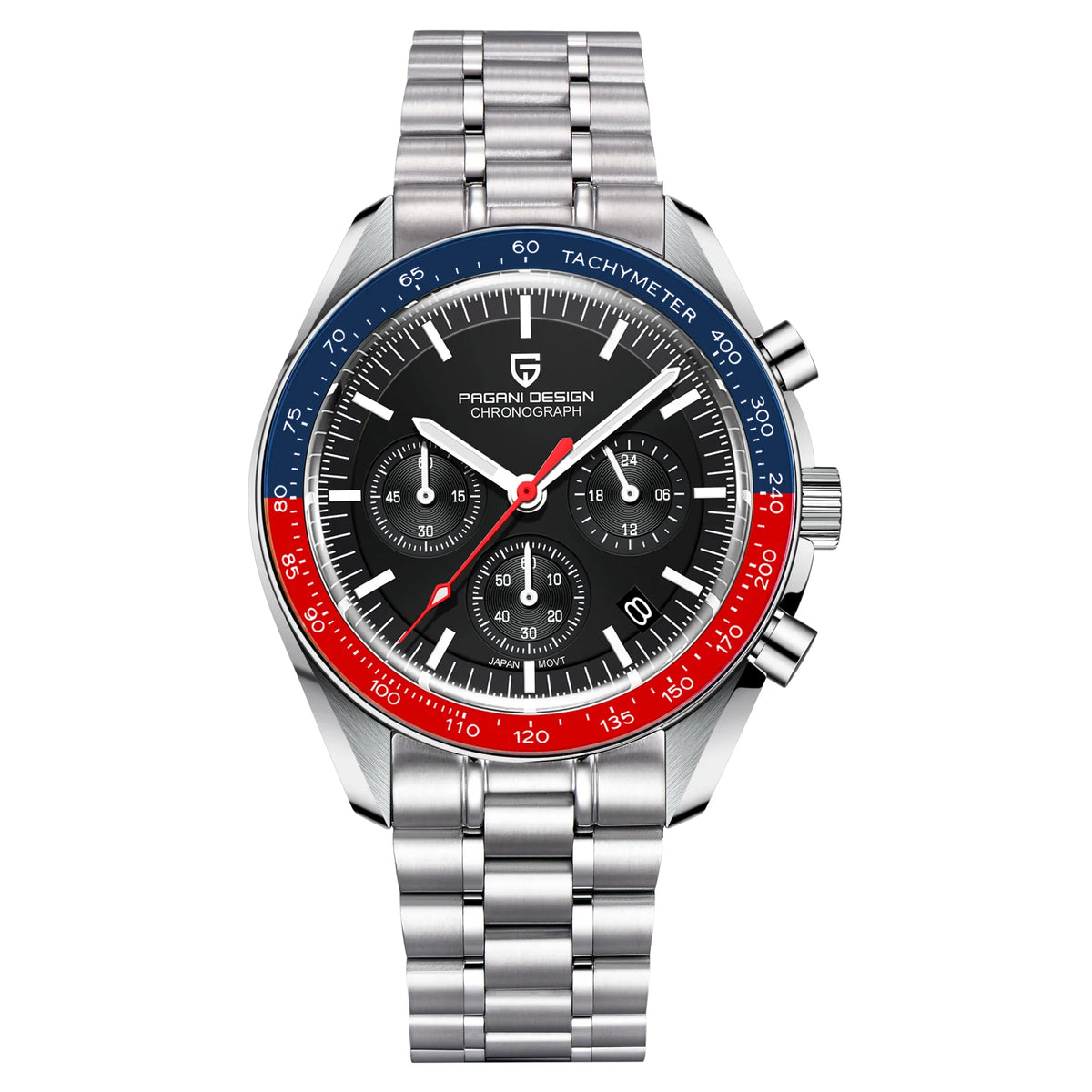 Montre pour homme PAGANI DESIGN « New Moon » – Montre à quartz de luxe, chronographe, verre saphir avec traitement antireflet, lunette en céramique, aiguilles luminescentes