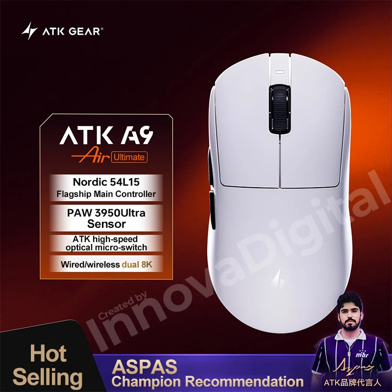 Безжична геймърска мишка ATK Dragonfly A9 Ultimate A9 Air PAW3950, ултралека ергономична e-sports мишка за FPS геймъри, CSGO A9 Ultra