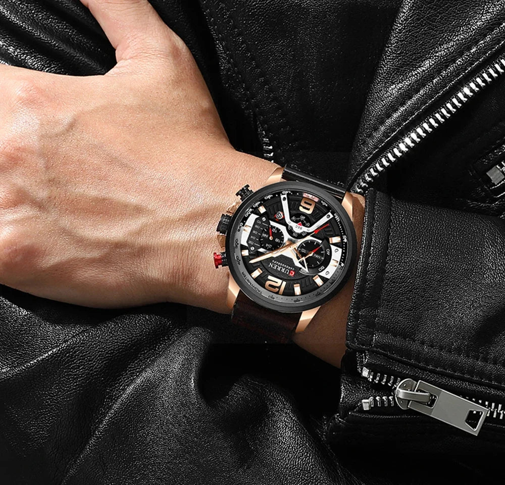Ceas pentru bărbați CURREN 8329 – Stil sportiv casual, design militar, curea din piele, cronograf la modă, ceas de lux de la o marcă renumită