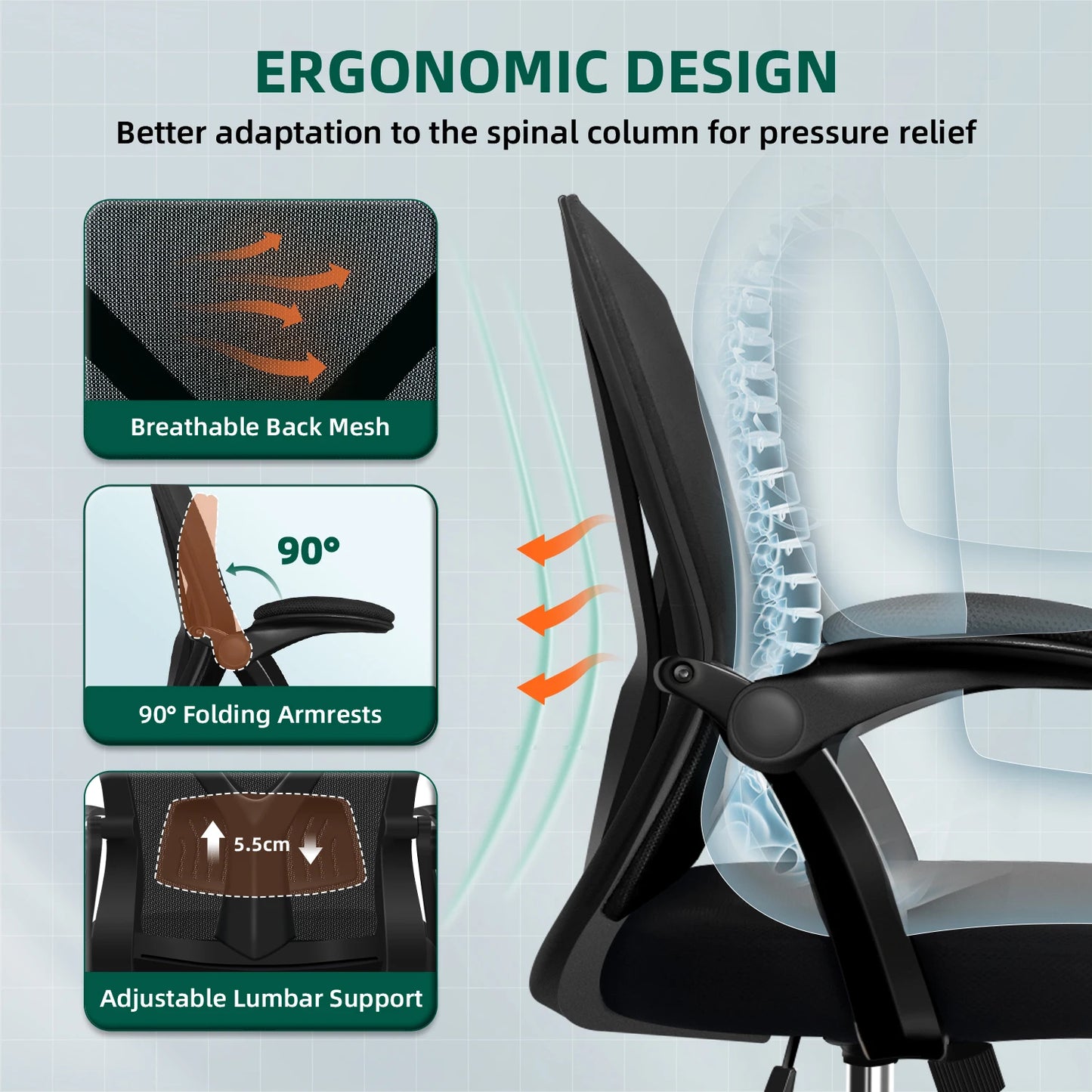 Daccormax Ergonomic Office Chair, Adjustable Lumbar Support, Swivel Heavy-Duty Rolling, Padded Armrests, Multi-Tilt for Relax.