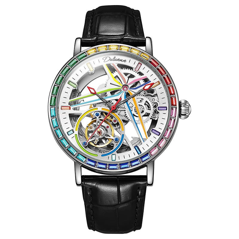Montre squelette pour homme, style mode, ornée de pierres précieuses aux couleurs de l'arc-en-ciel, dotée d'un tourbillon; montre mécanique automatique de luxe, étanche jusqu'à 30 mètres.