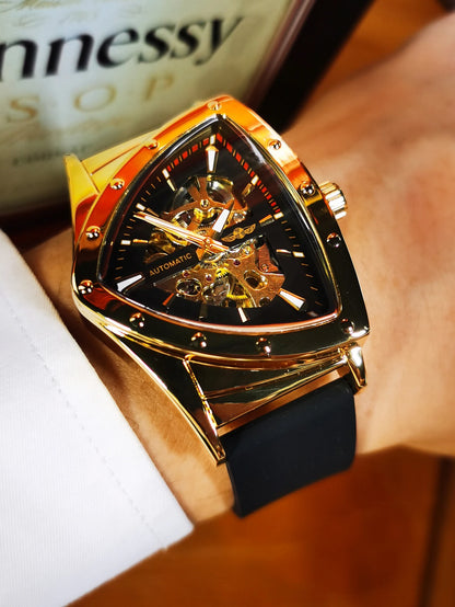 Montre automatique pour homme WINNER, design squelette triangulaire, aiguilles luminescentes, bracelet en caoutchouc, style militaire, montre mécanique de luxe