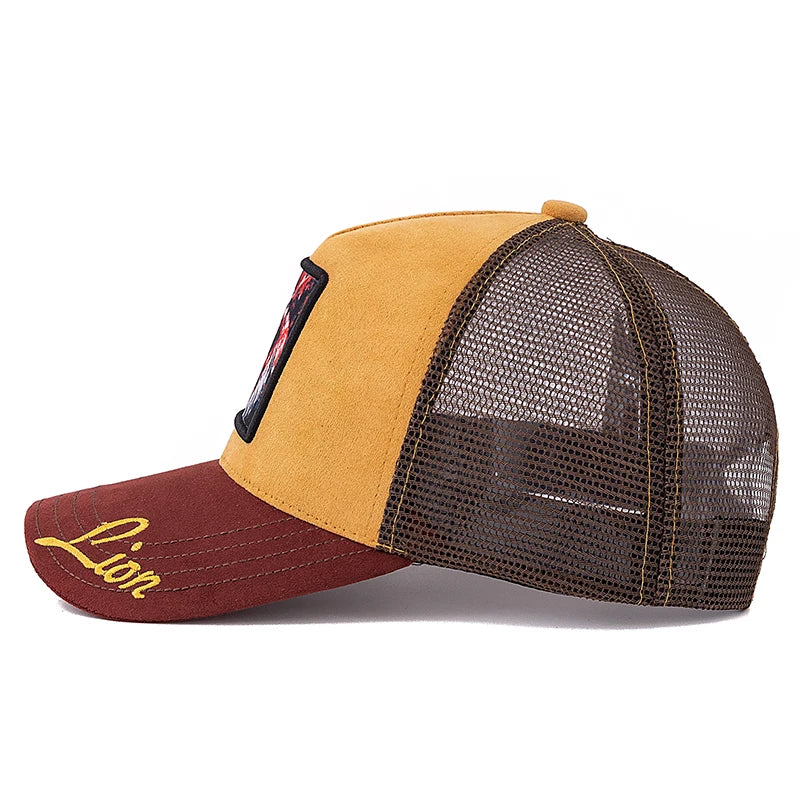 Gorra de malla unisex con parche con diseño de león, de ante, para mujer y hombre, gorra de béisbol de verano con motivos animales, gorra de camionero de moda