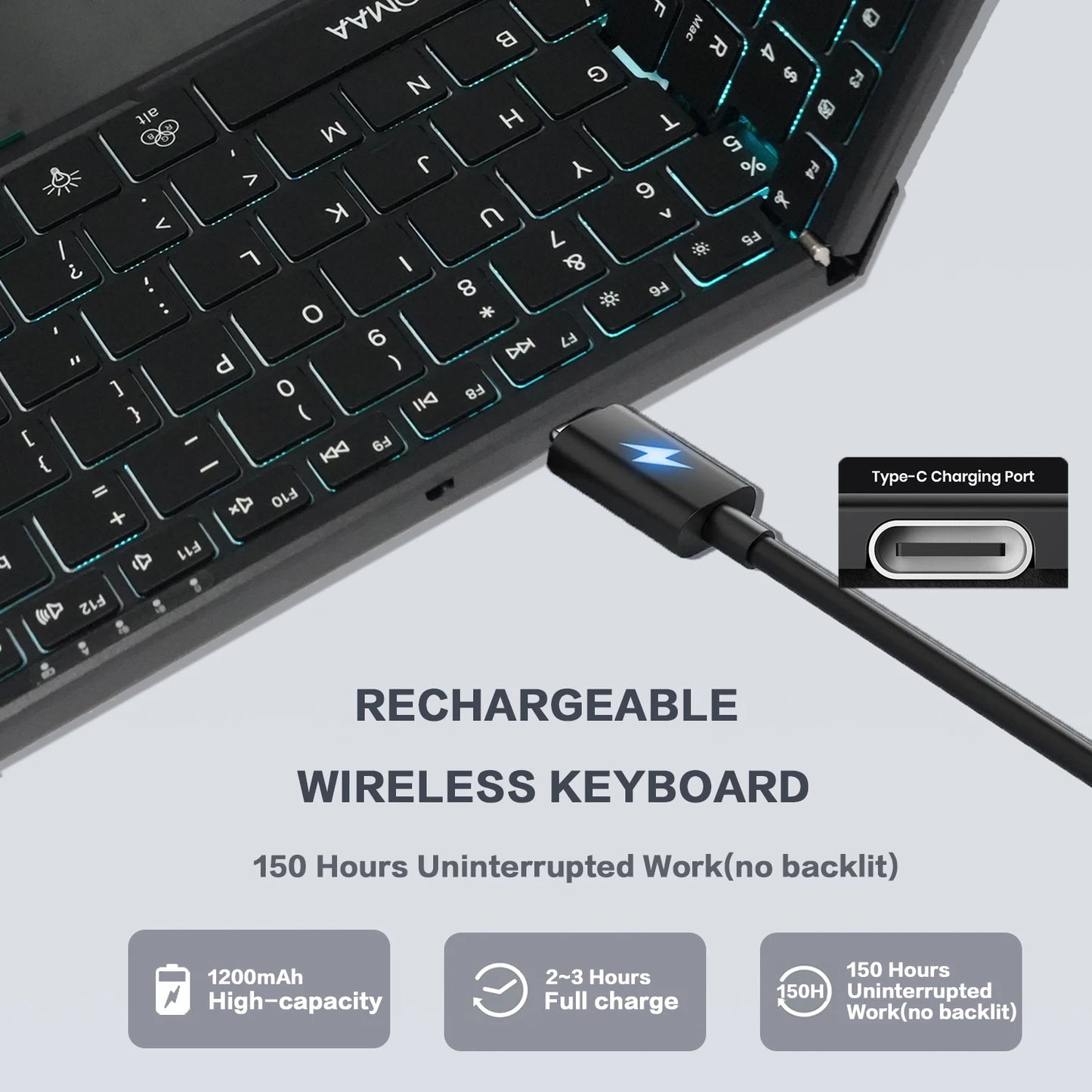 Jomaa hintergrundbeleuchtete klappbare Full-Size-Tastatur Bluetooth+USB, kabellose Tastatur mit Touchpad und Ziffernblock für Laptop Windows