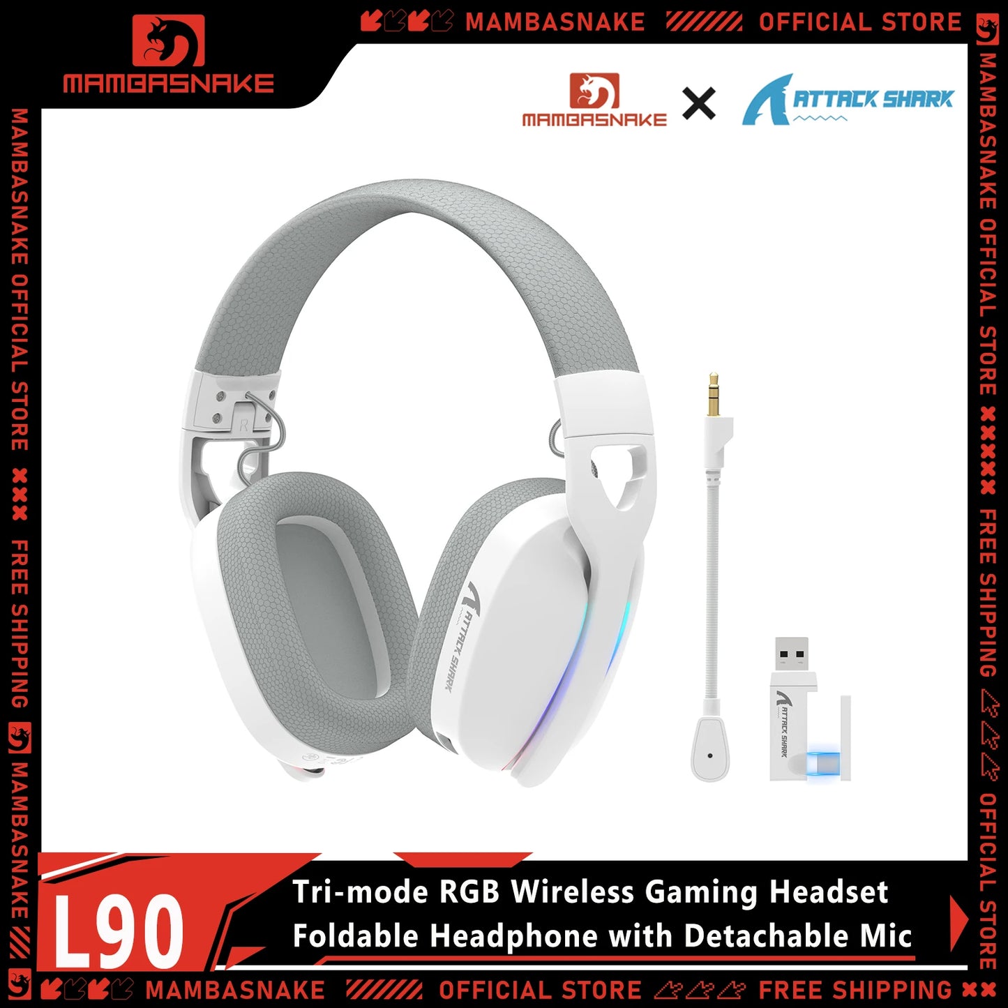 MAMBASNAKE x ATTACK SHARK L90 RGB kabelloses Gaming-Headset – Tri-Mode Bluetooth 2.4G kabellos & kabelgebunden, faltbare Gaming-Kopfhörer mit abnehmbarem Mikrofon