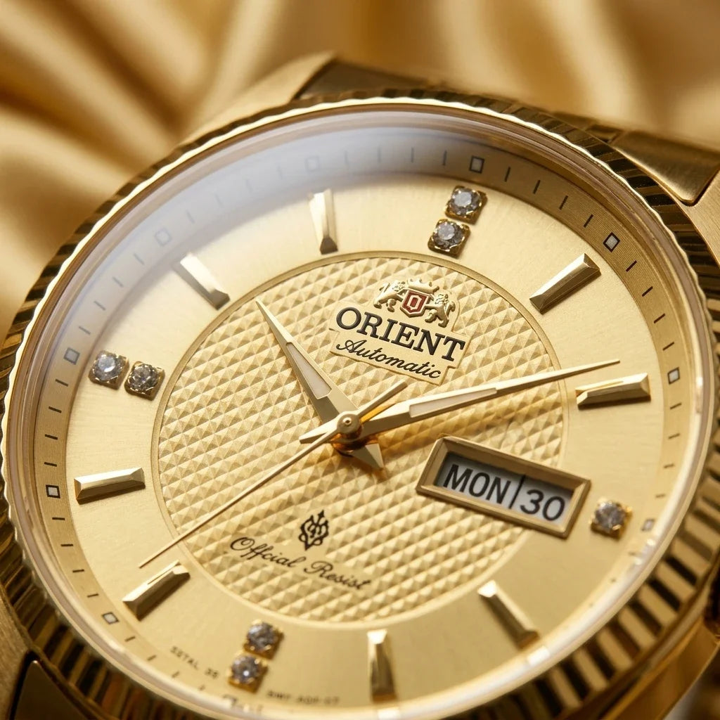 Montre mécanique automatique pour homme Orient, avec double calendrier (date et jour de la semaine), index en cristal et bracelet en acier inoxydable – Montre-bracelet de style professionnel