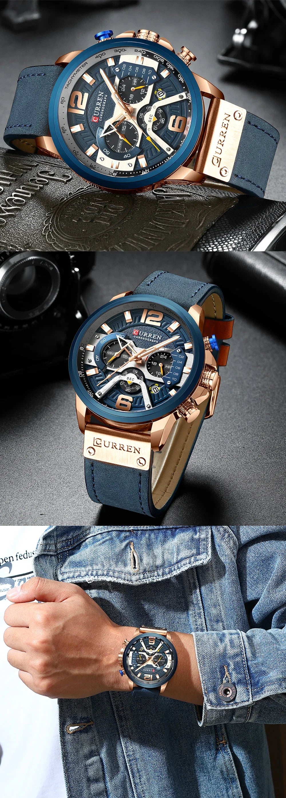 Ceas pentru bărbați CURREN 8329 – Stil sportiv casual, design militar, curea din piele, cronograf la modă, ceas de lux de la o marcă renumită