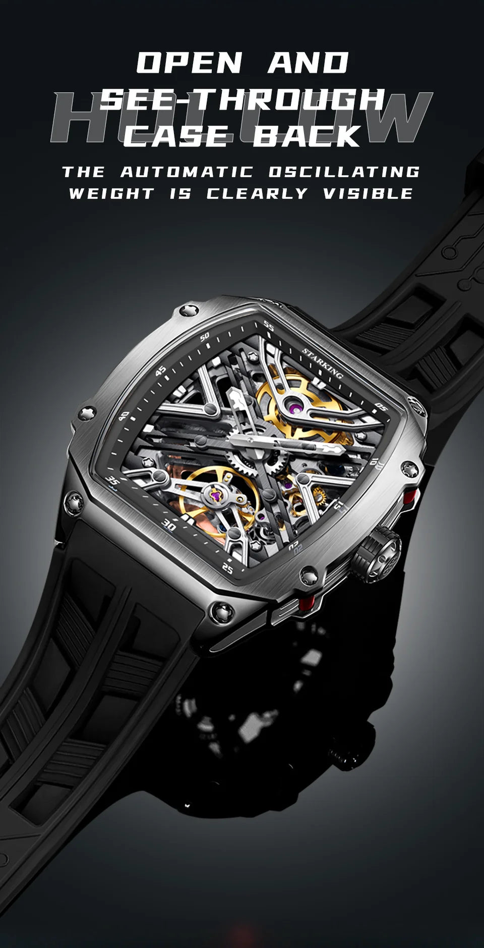 STARKING Men's Waterproof Sports Mechanical Watches Wear-resistant Silicone Strap Automatic Watch Luminous Tonneau Luxury Watch