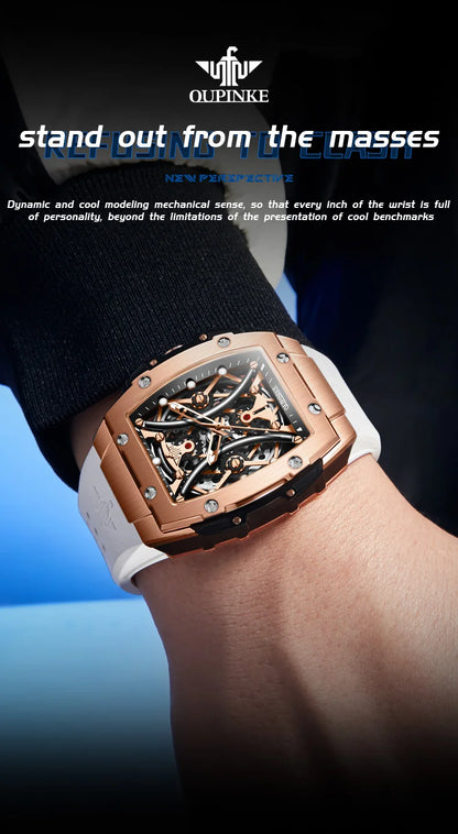 OUPINKE Herrenuhr – klassische Luxus-Armbanduhr mit Tonneau-Zifferblatt, Original-Topmarke, automatische mechanische Uhr, Silikonarmband, Saphirglas, neu