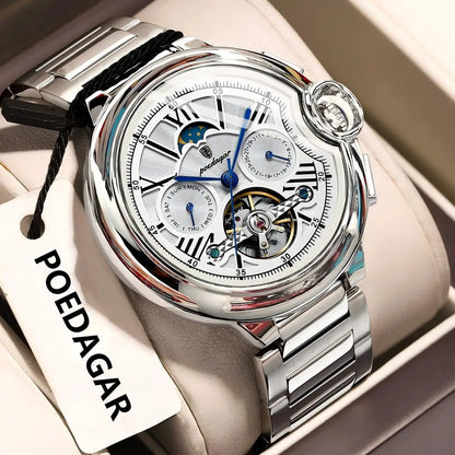 Montre pour homme POEDAGAR, style luxe et professionnel, avec affichage de la date et du jour, tourbillon, boîtier en acier inoxydable, mouvement mécanique automatique et étanchéité.