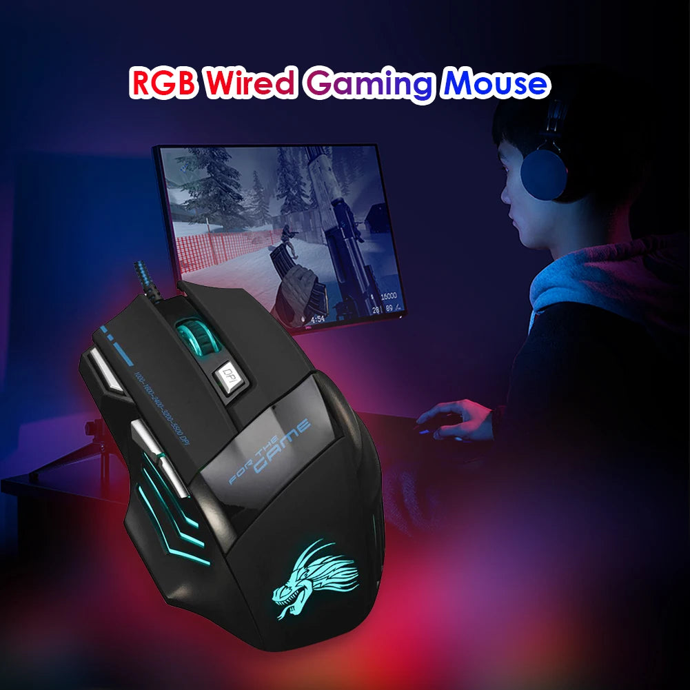 Mouse da gaming cablato con retroilluminazione a 7 colori, 5500 DPI regolabili, mouse ottico cablato nero per PC gaming e computer desktop