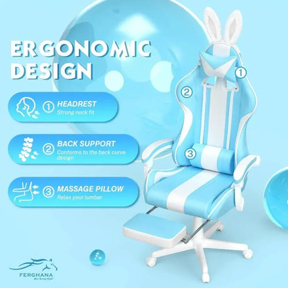 For Kawaii Light Blue Gaming Chair with Bunny Ears, Ergonomic Cute Gamer Chair with Footrest and Massage, Racing Reclining