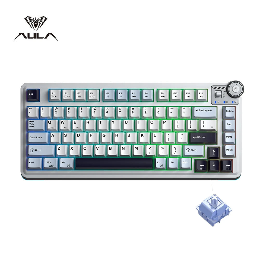Teclado mecânico gaming esports AULA AU75, três modos, 81 teclas, teclas PBT, hot-swappable, RGB, teclado sem fios para PC desktop e escrita
