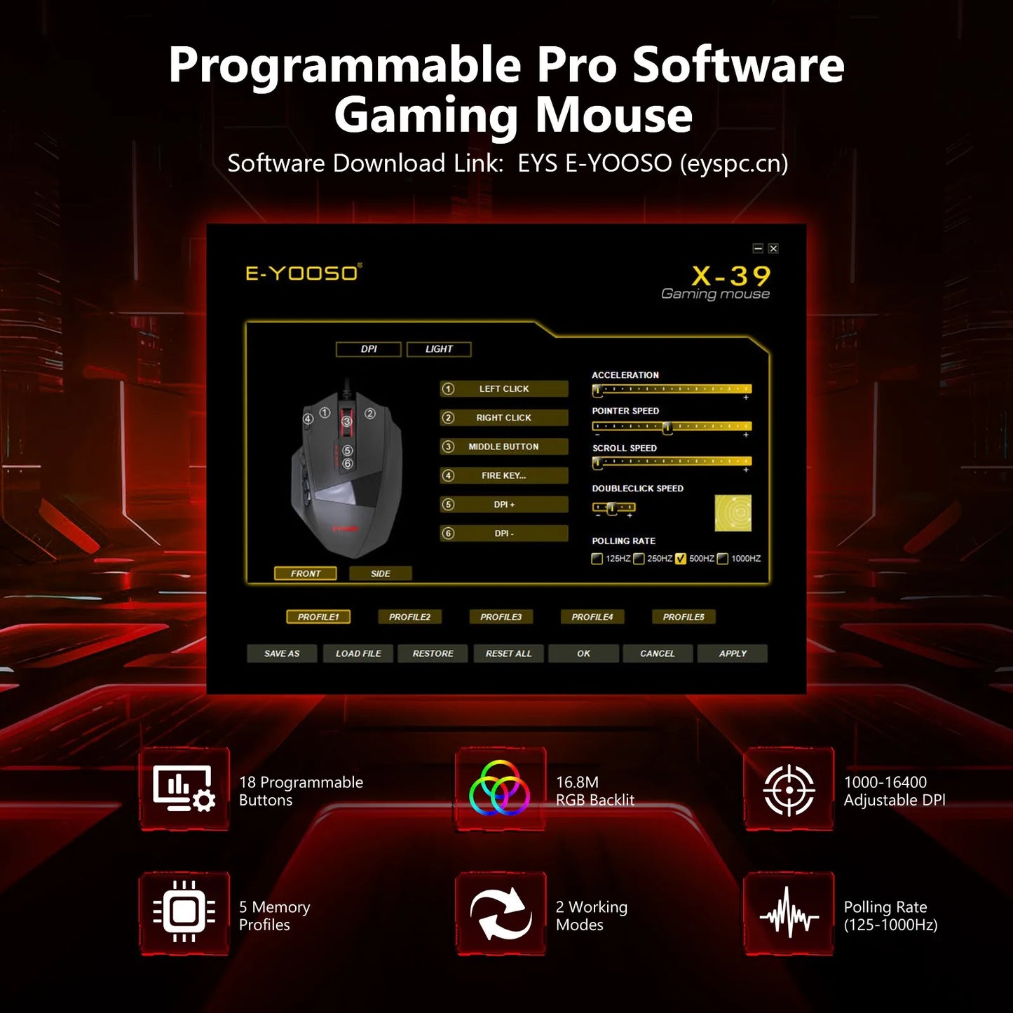 E-YOOSO X-39 programmierbare Gaming-Maus, kabelgebundene RGB-Maus mit 18 Tasten, 8 herausnehmbaren Gewichten, 5 DPI-Stufen, ergonomischem Griff für Computer