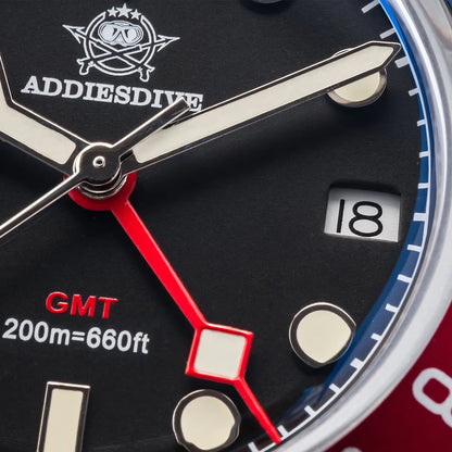 Montre de plongée pour homme ADDIESDIVE GMT515-24H – Étanchéité 200 m, verre bombé, revêtement luminescent BGW9, boîtier en acier inoxydable, affichage analogique