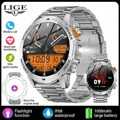 LIGE New Smart Watch Men 1000mAh Large Capacity Battery Outdoor Flashlight Bluetooth Call Waterproof Sport Fitness Smartwatch