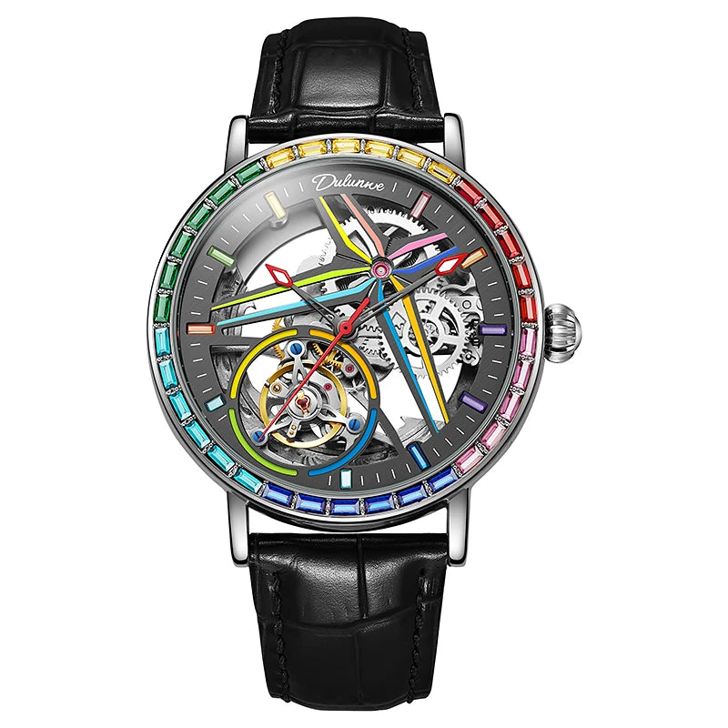 Montre squelette pour homme, style mode, ornée de pierres précieuses aux couleurs de l'arc-en-ciel, dotée d'un tourbillon; montre mécanique automatique de luxe, étanche jusqu'à 30 mètres.