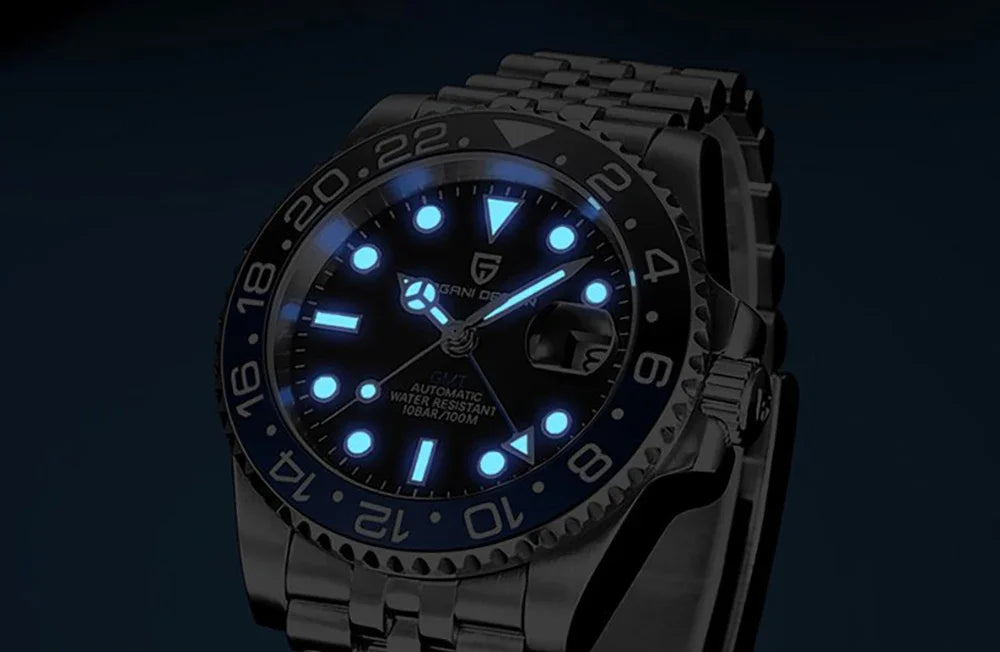 PAGANI DESIGN 40MM GMT Herrenuhr, luxuriöse mechanische Automatikuhr mit Saphirglas AR, Keramiklünette, 100M wasserdicht, Geschenk-Uhr