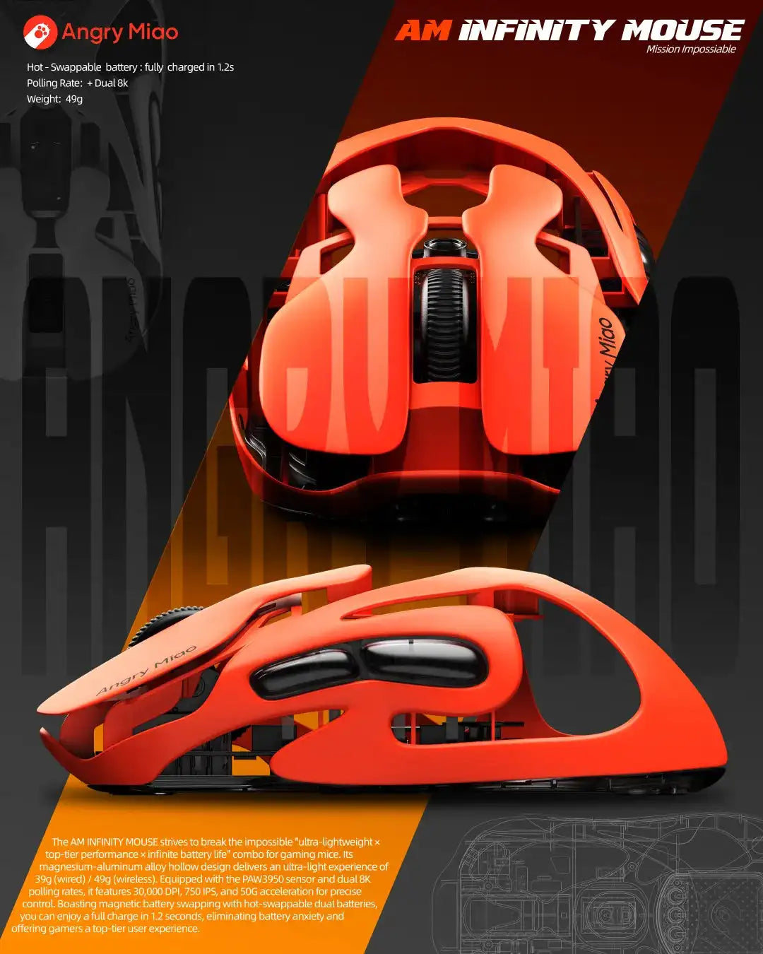 Angry Miao Infinity Gaming Wireless Mouse Hot-Swappable Metal Ultralight Hollow PAW3950 Dual 8K Wired Tri-Mode Orange
