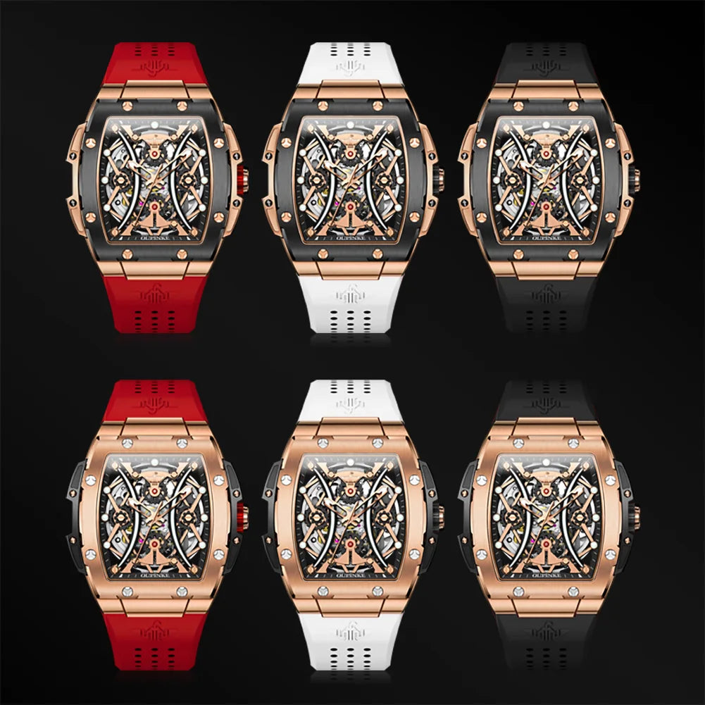 OUPINKE Herrenuhr – klassische Luxus-Armbanduhr mit Tonneau-Zifferblatt, Original-Topmarke, automatische mechanische Uhr, Silikonarmband, Saphirglas, neu