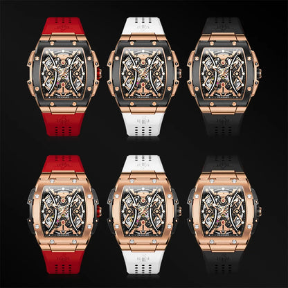 OUPINKE Herrenuhr – klassische Luxus-Armbanduhr mit Tonneau-Zifferblatt, Original-Topmarke, automatische mechanische Uhr, Silikonarmband, Saphirglas, neu