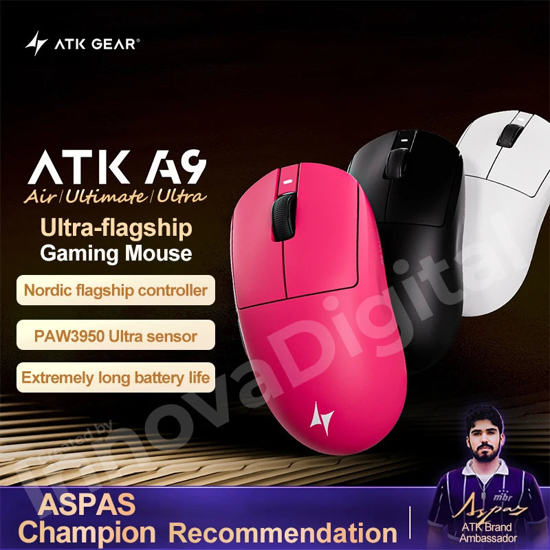 Безжична геймърска мишка ATK Dragonfly A9 Ultimate A9 Air PAW3950, ултралека ергономична e-sports мишка за FPS геймъри, CSGO A9 Ultra