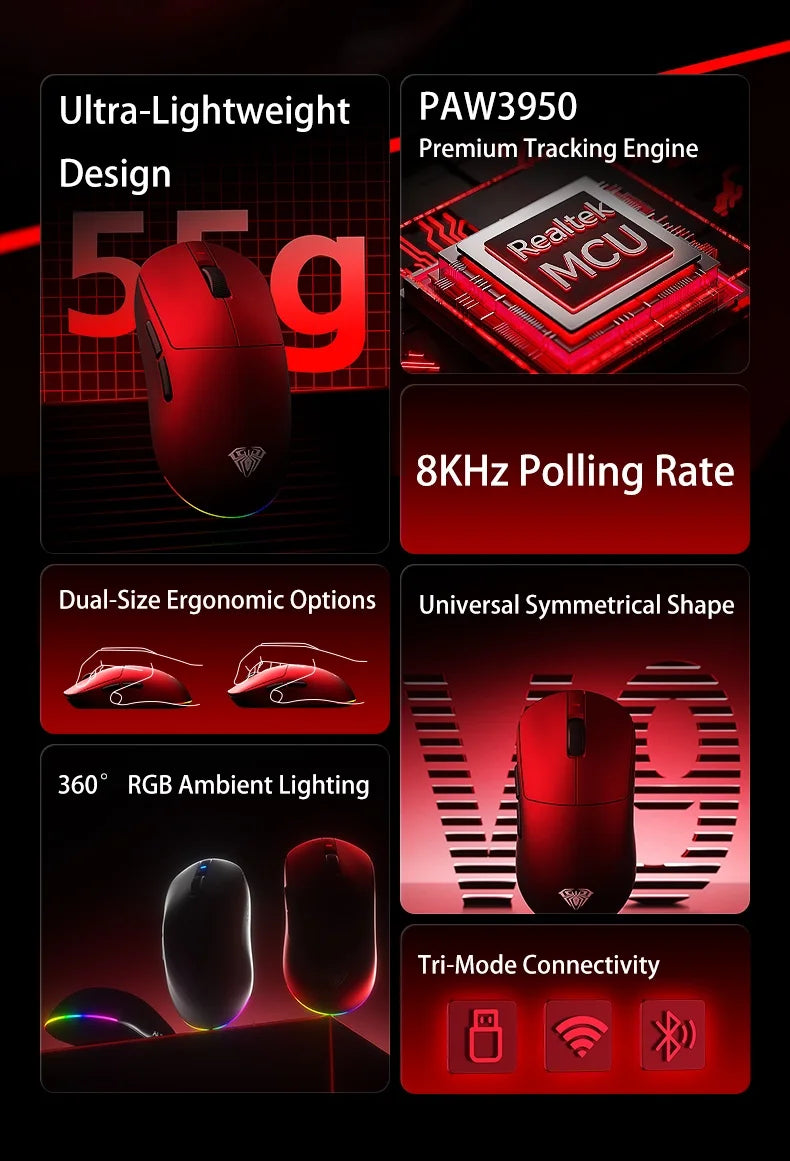 Aula V9 Ultra безжична e-sports гейминг мишка Double 8k 3mode PAW 3950 8k 55g, лека ергономична мишка, персонализиран аксесоар за PC
