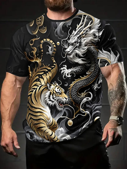 Pánske letné tričko s grafikou Dragon & Tiger Duel, ležérne tričko s krátkym rukávom, módna ležérna košeľa s okrúhlym výstrihom 2025