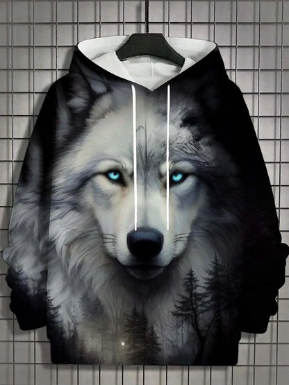 European and American Men's Autumn Fashion Wolf Print Soft and Comfortable Hooded Sweatshirt Outdoor Urban High Street Clothing