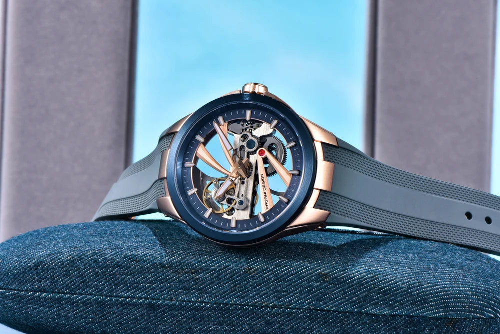 Montre pour homme PAGANI DESIGN – Modèle mécanique automatique de luxe, type « squelette » (à cœur ouvert), doté d’un tourbillon, verre saphir avec traitement antireflet, étanche et luminescent.